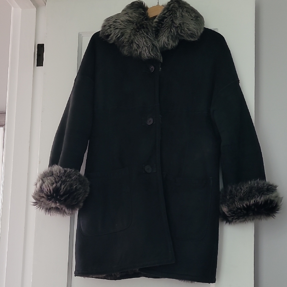 Reversible unshorn silver fur shearling coat xs-s oversized